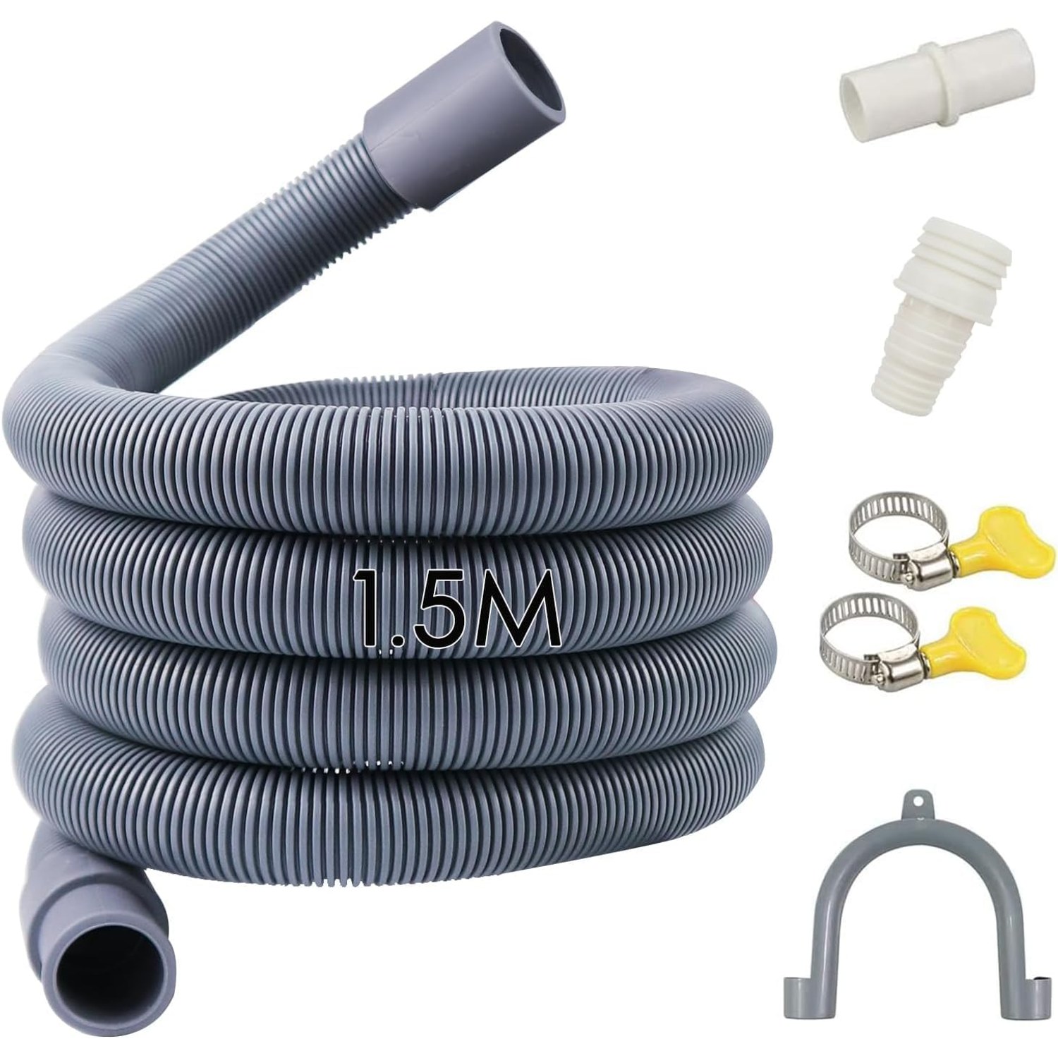 1.5m Washing Machine Drain Hose Kit with Connector and Clamps
