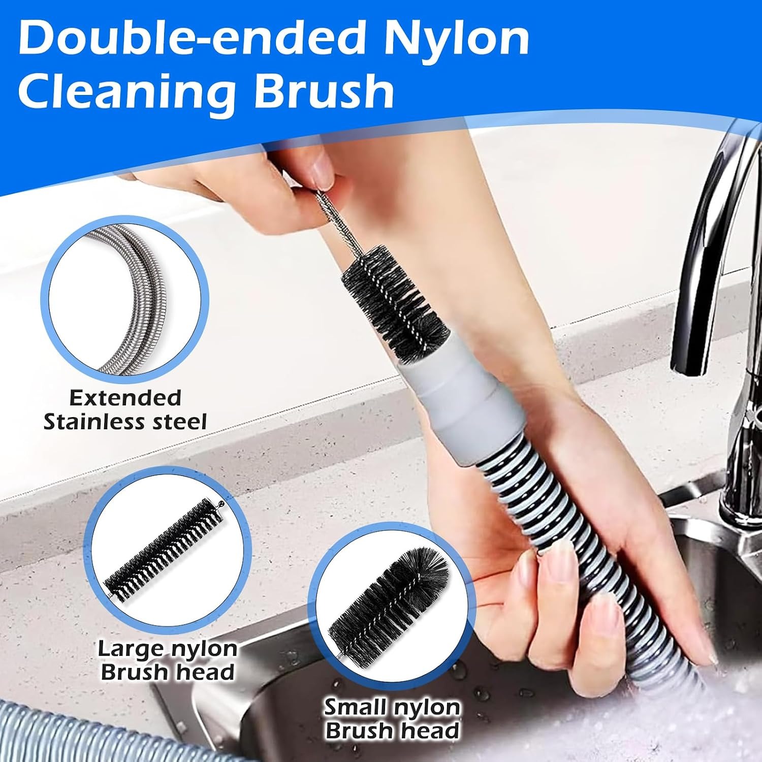 2 Piece Drain Brush Set, 155cm Pipe Brush and 45cm Plughole Tool: image 3