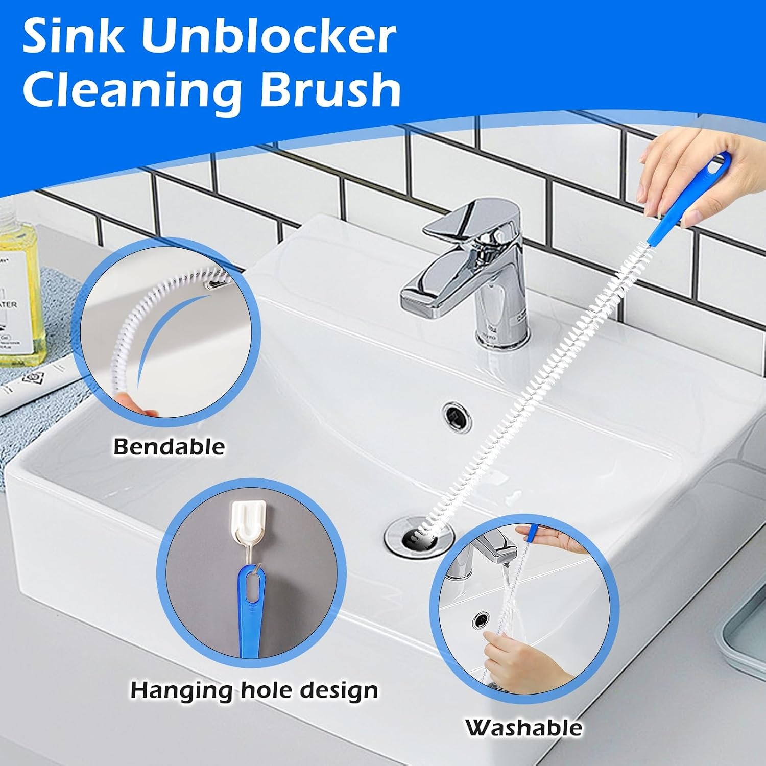 2 Piece Drain Brush Set, 155cm Pipe Brush and 45cm Plughole Tool: image 5