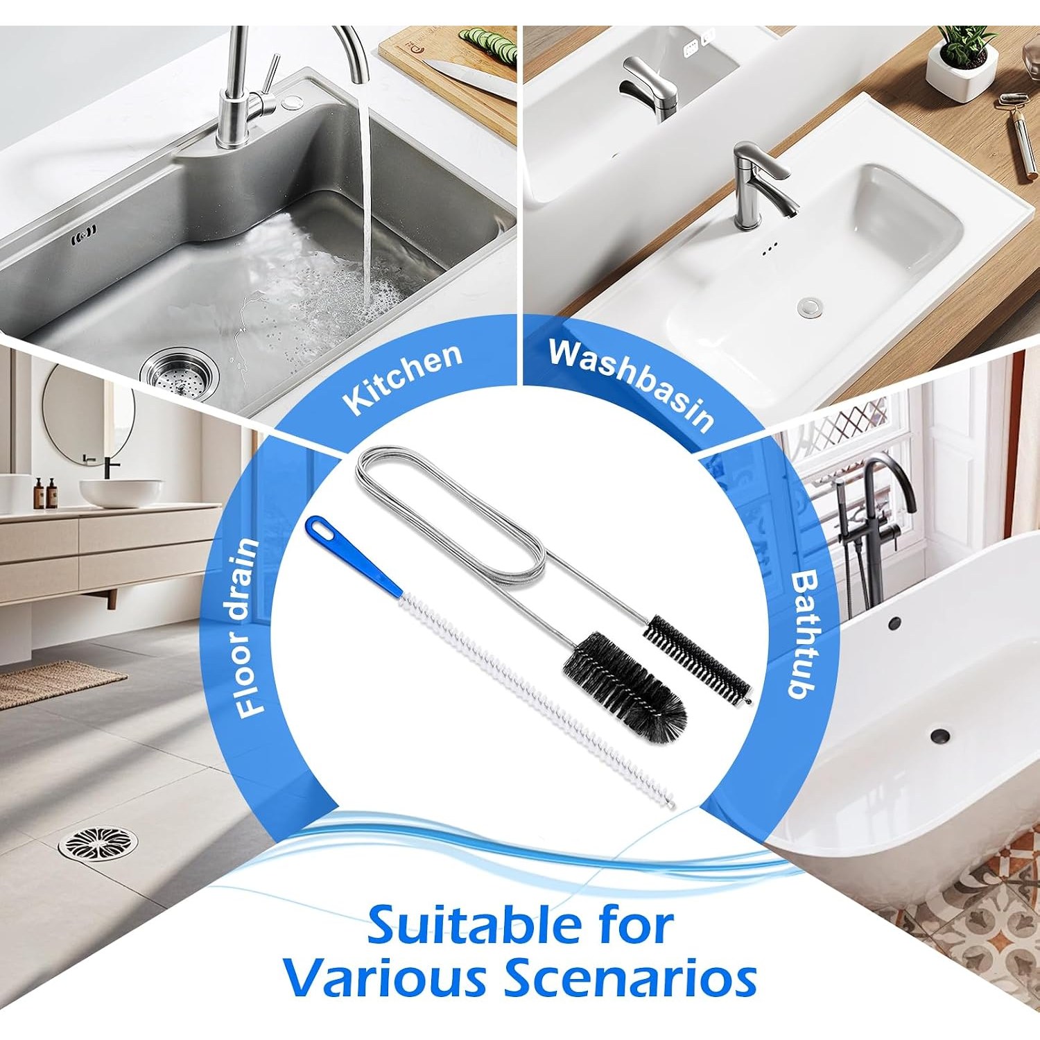 2 Piece Drain Brush Set, 155cm Pipe Brush and 45cm Plughole Tool: image 7