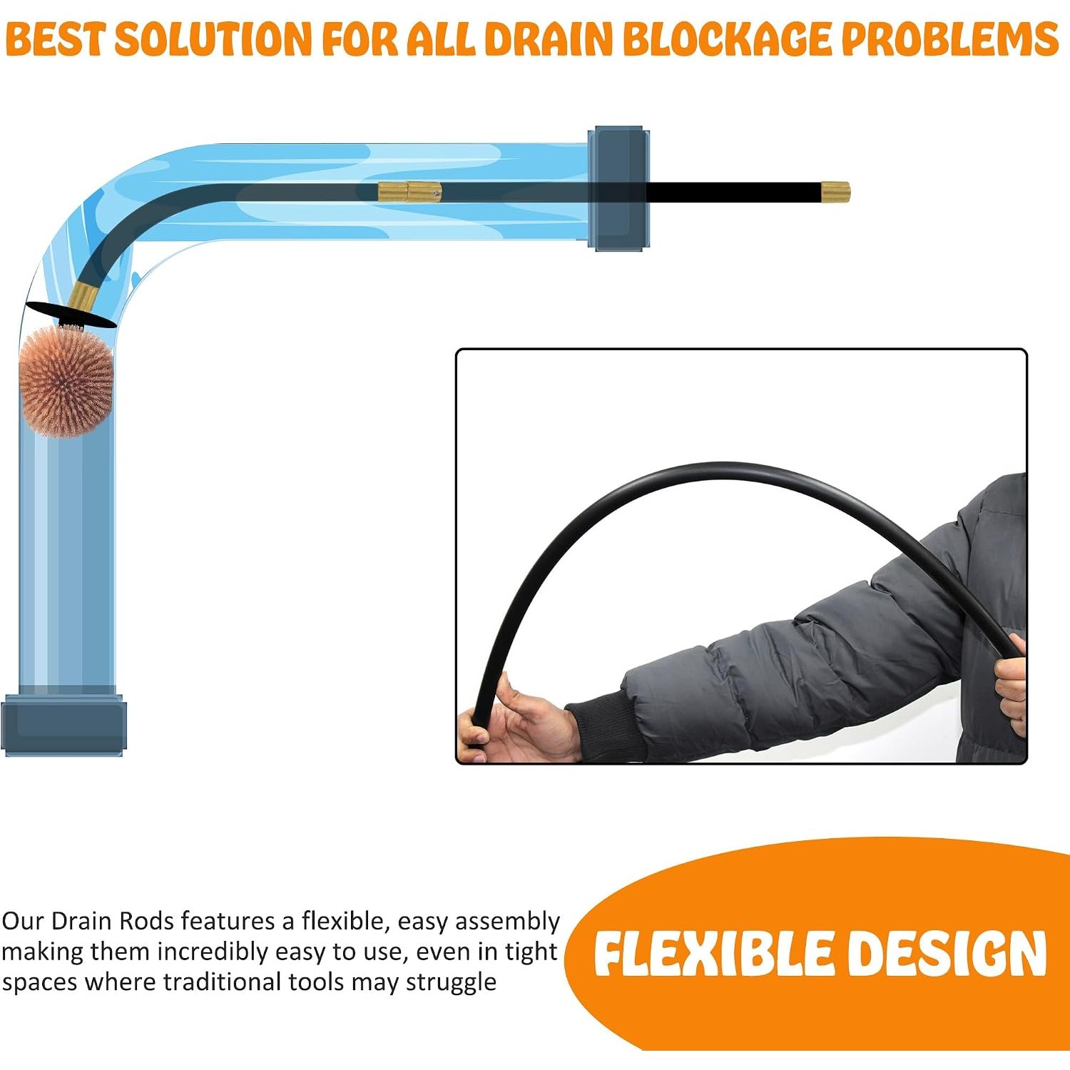 Flexible Drainage Rods 12 Piece Set with Plunger and Worm Screw: image 2