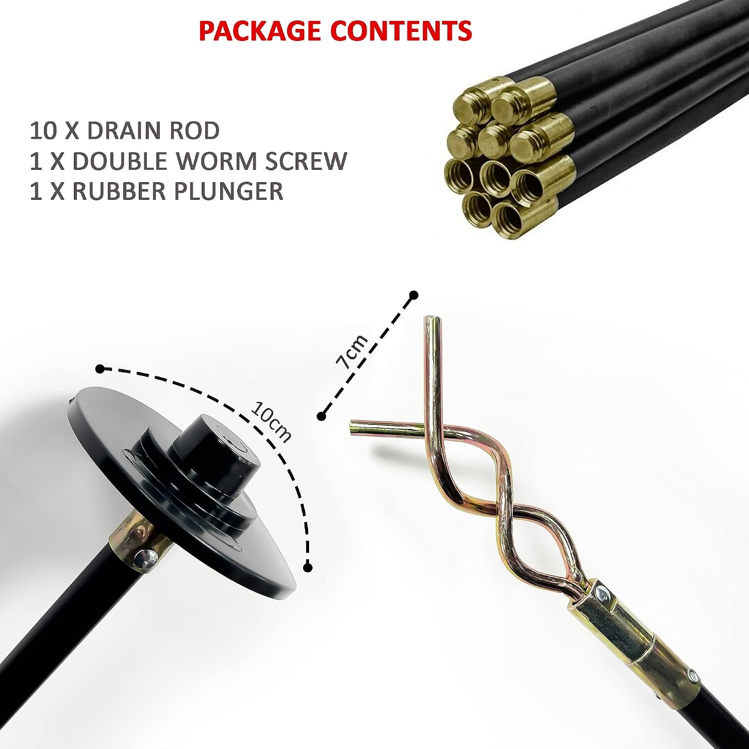 Flexible Drainage Rods 12 Piece Set with Plunger and Worm Screw: image 6