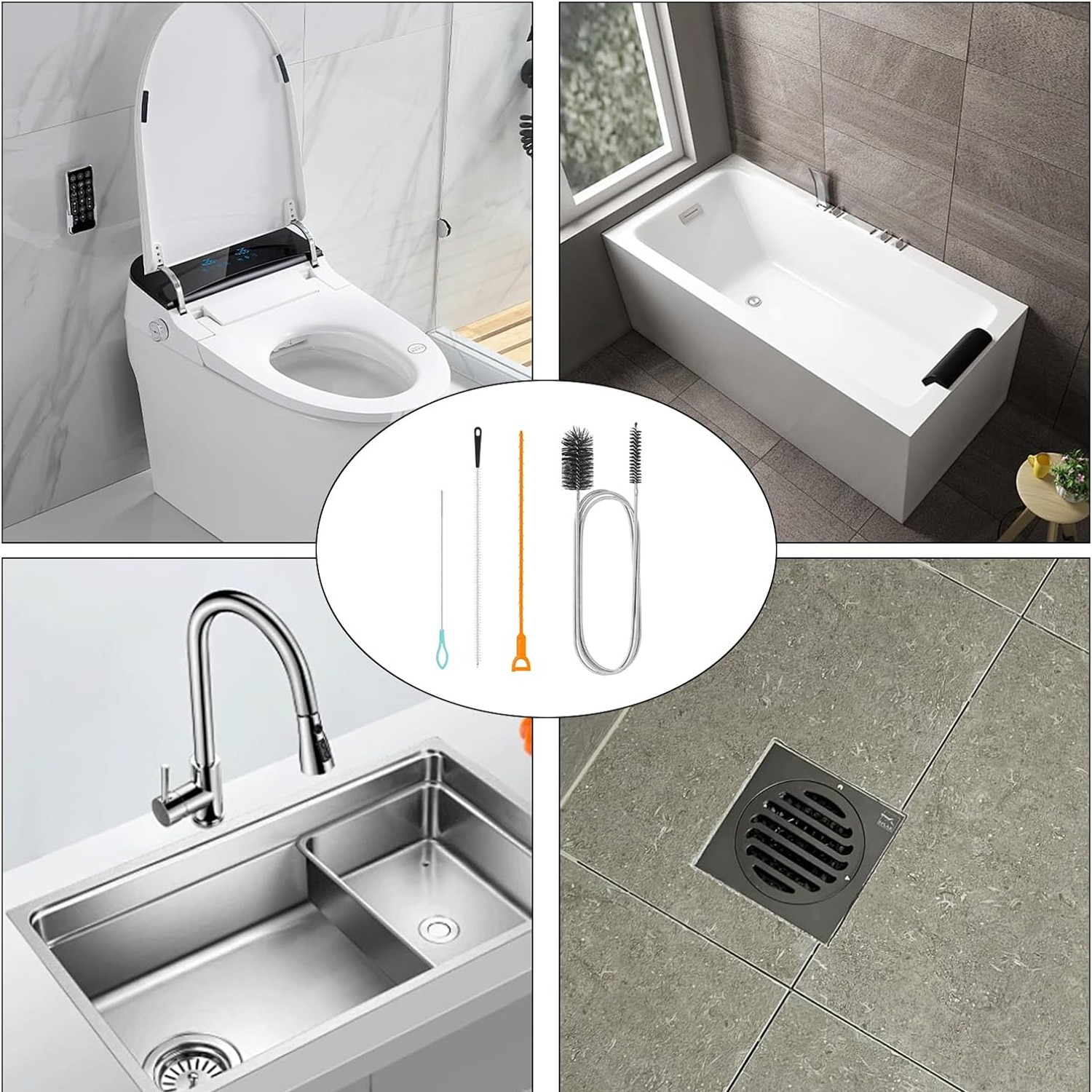 6 Piece Sink Unblocker Tool Set with Brushes and Hair Hooks