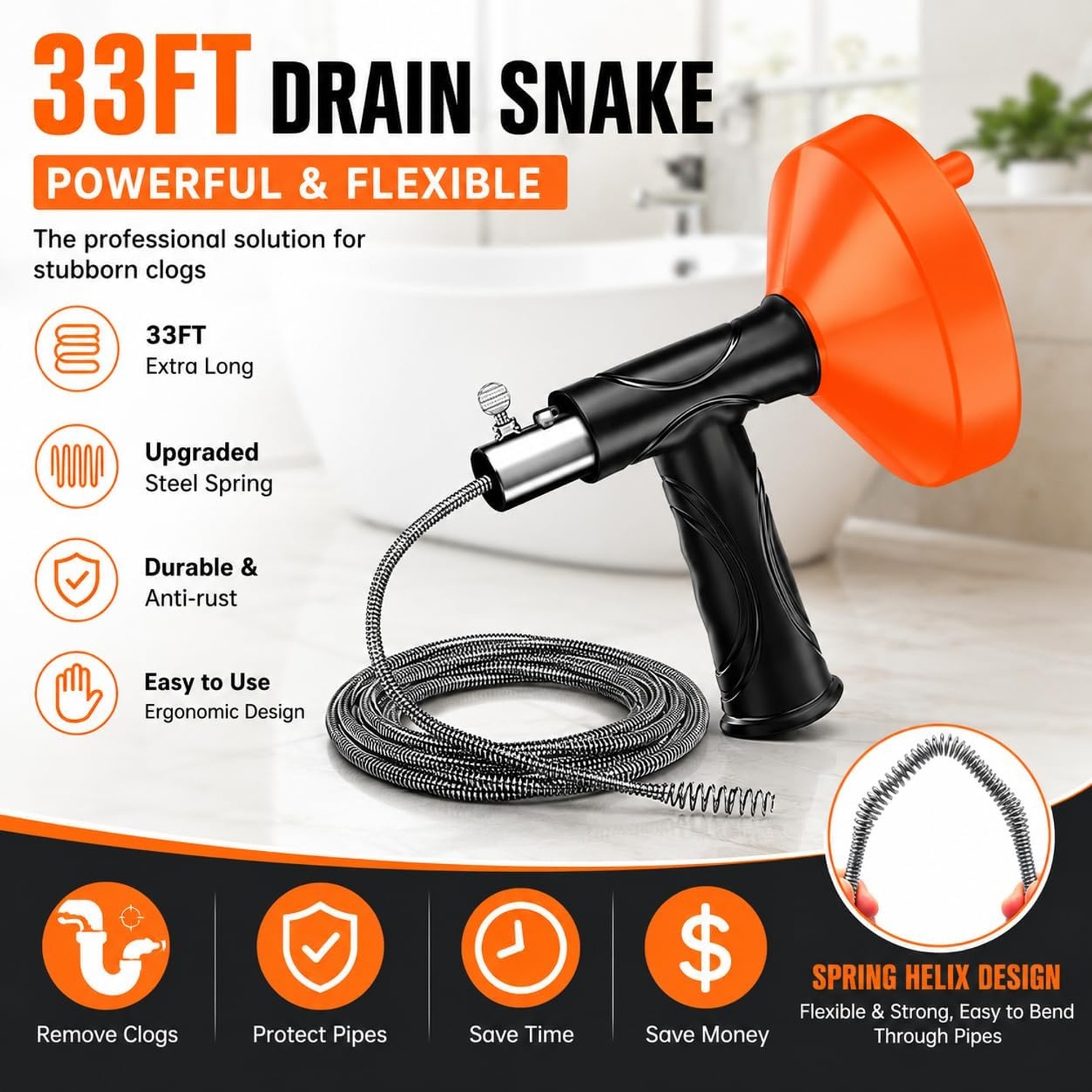 10m Drum Drain Auger with Pistol Grip