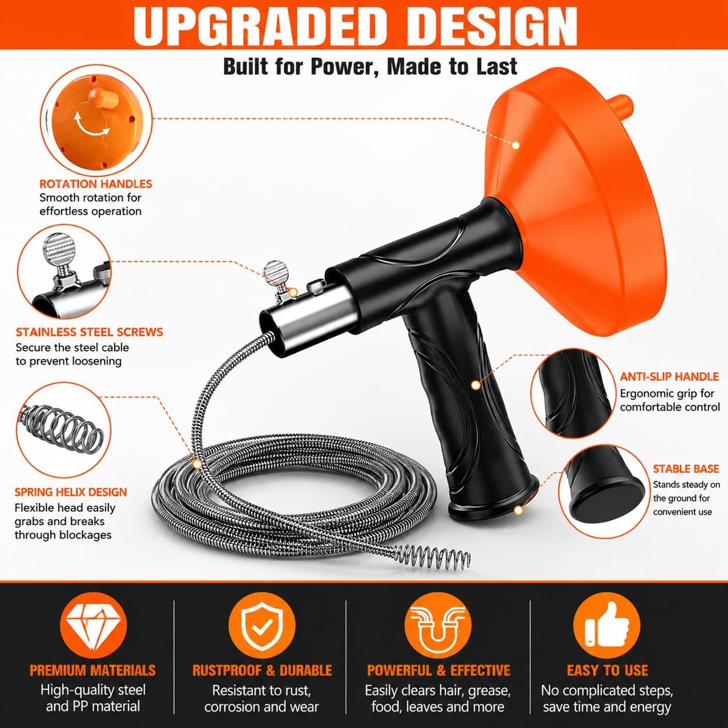 10m Drum Drain Auger with Pistol Grip