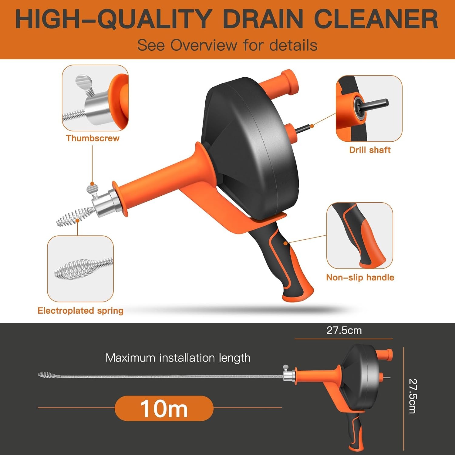 10m Drain Snake with Drill Attachment, Gloves and Canvas Bag: image 6