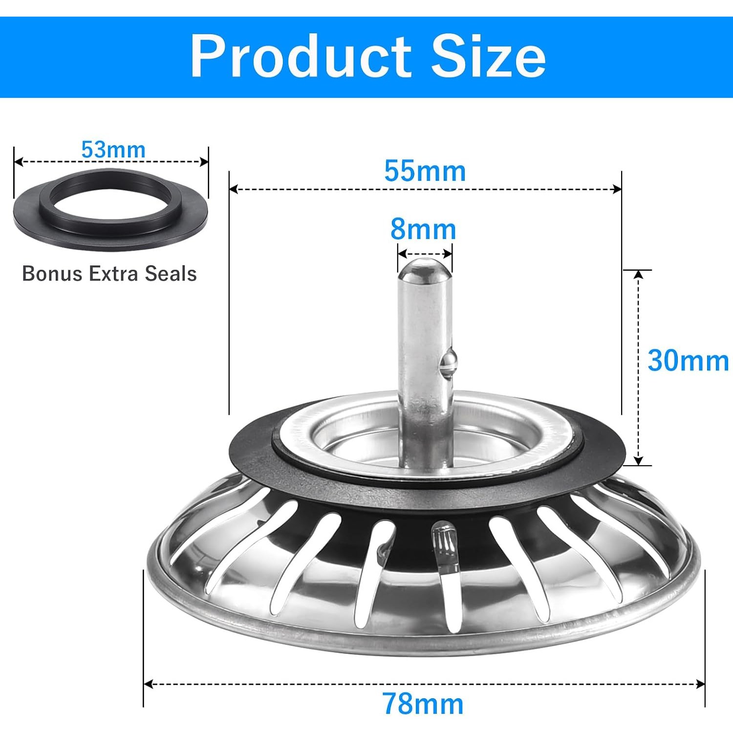 78mm Stainless Steel Kitchen Sink Strainer and Plug, 2 Pack: image 2