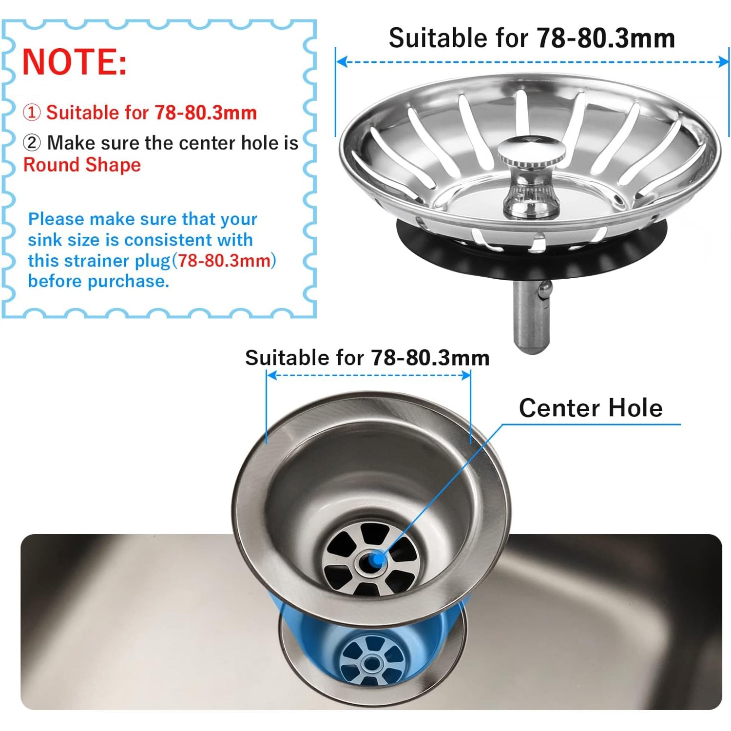 78mm Stainless Steel Kitchen Sink Strainer and Plug, 2 Pack: image 3