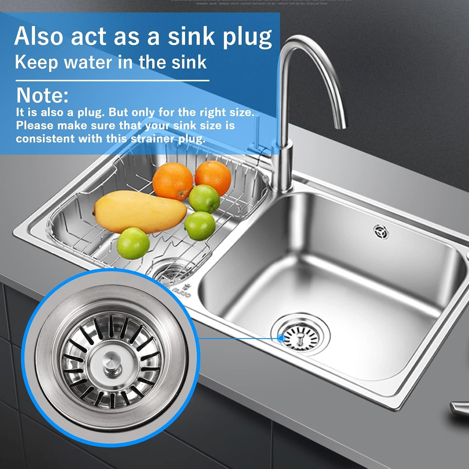 78mm Stainless Steel Kitchen Sink Strainer and Plug, 2 Pack: image 4