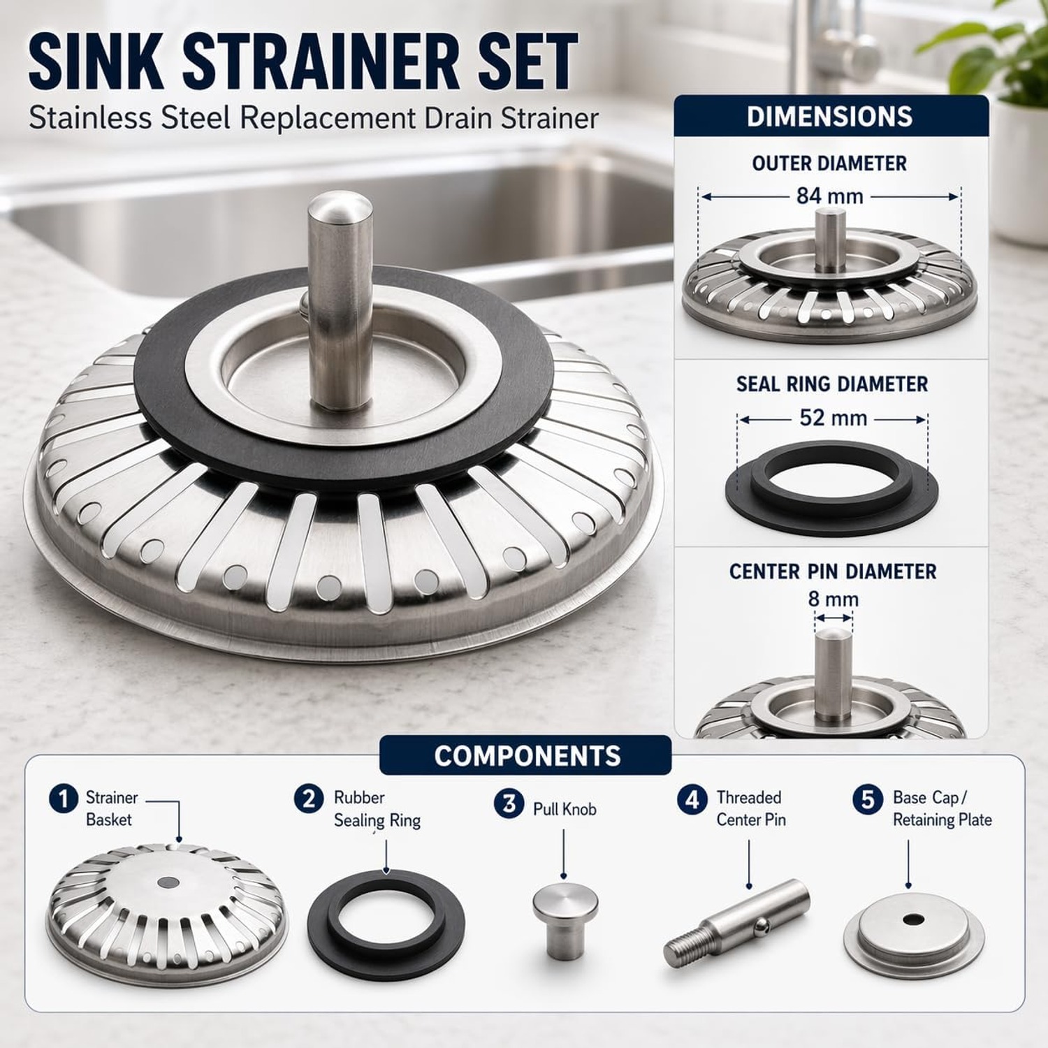 84mm Stainless Steel Kitchen Sink Strainer Plug: image 3