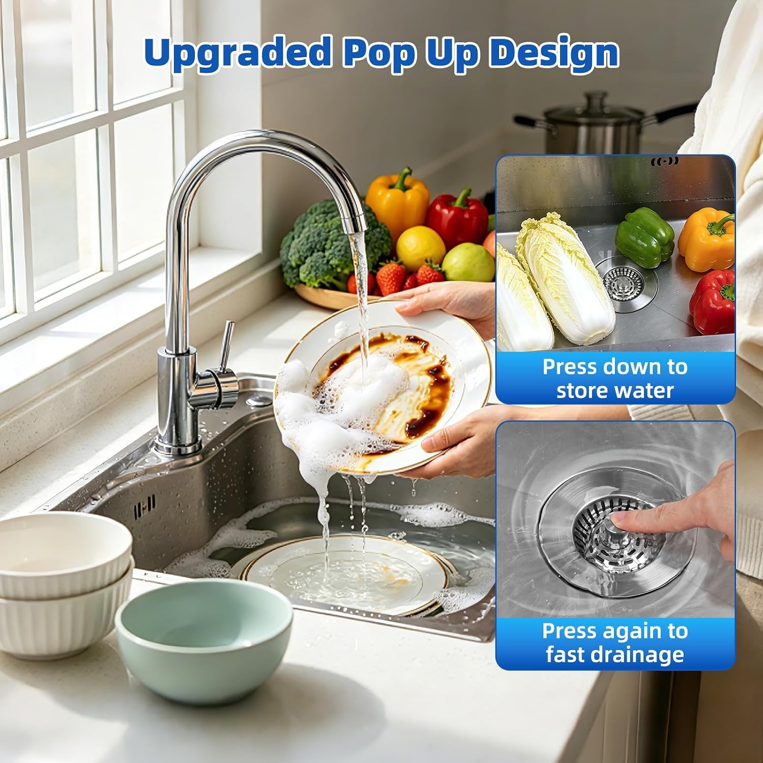 Three in One Kitchen Sink Plug with Stainless Steel Strainer Basket: image 3