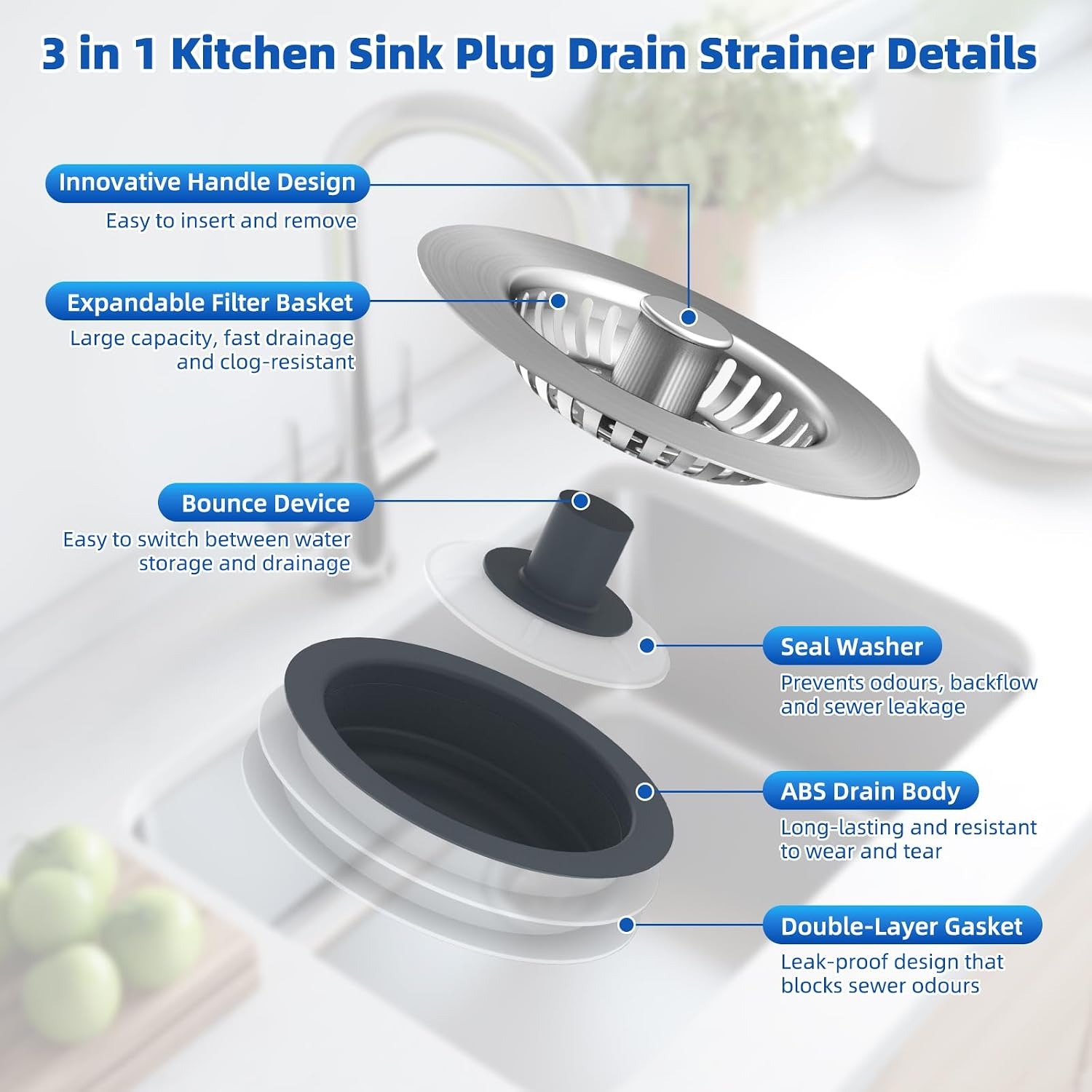 Three in One Kitchen Sink Plug with Stainless Steel Strainer Basket: image 5