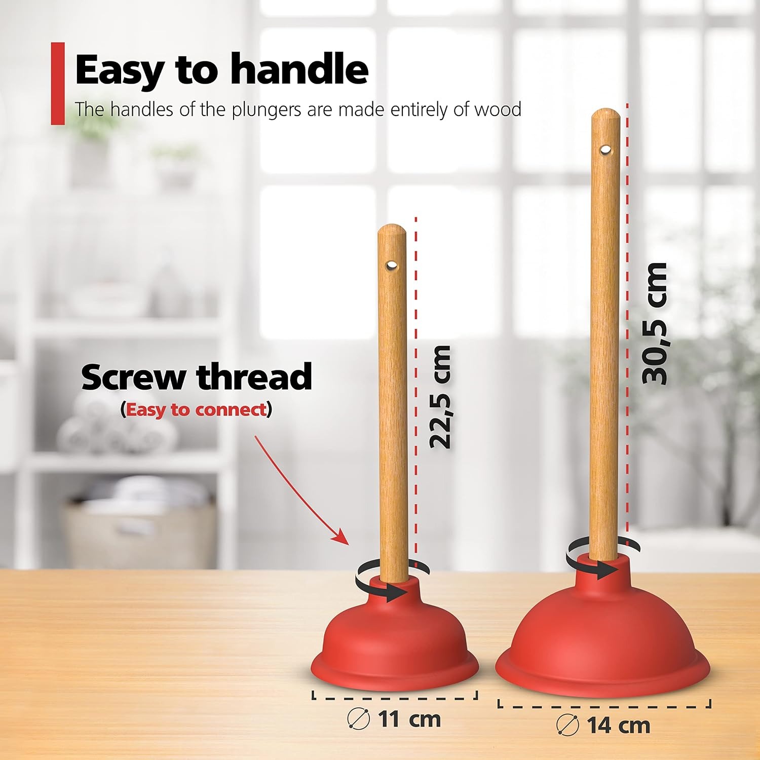Plunger Set 110mm and 140mm with Wooden Handles: image 4