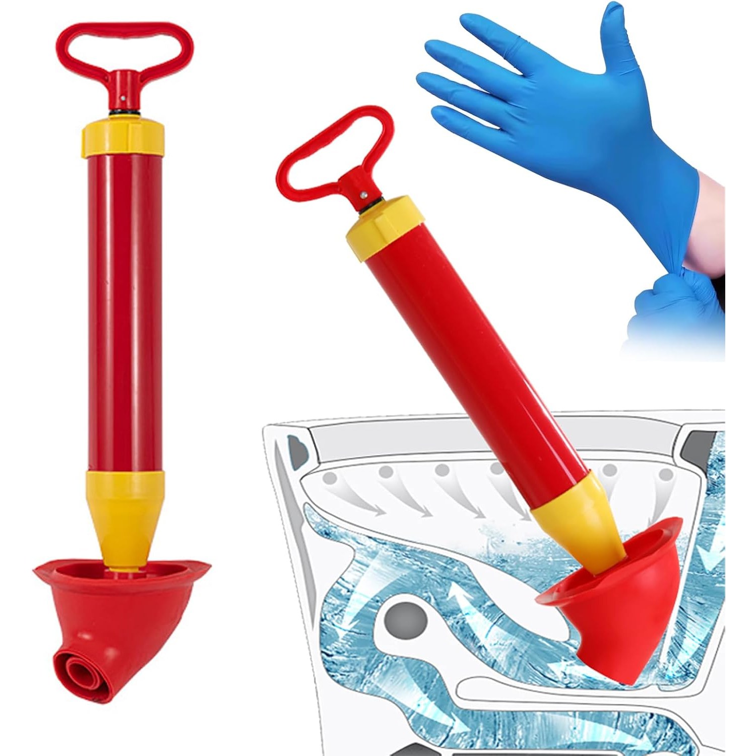 Toilet Plunger with Threaded Handle and Nitrile Gloves