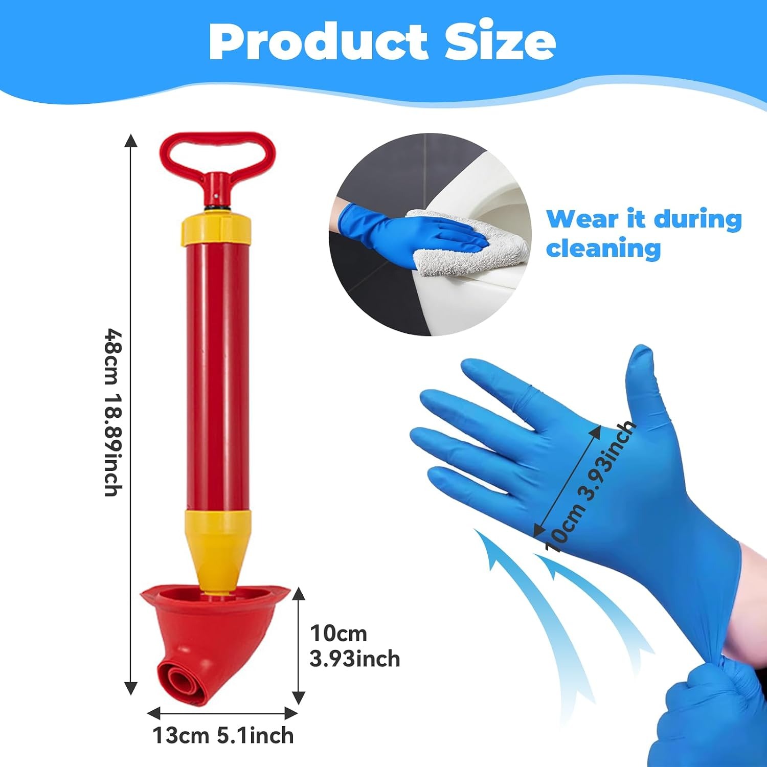 Toilet Plunger with Threaded Handle and Nitrile Gloves: image 2