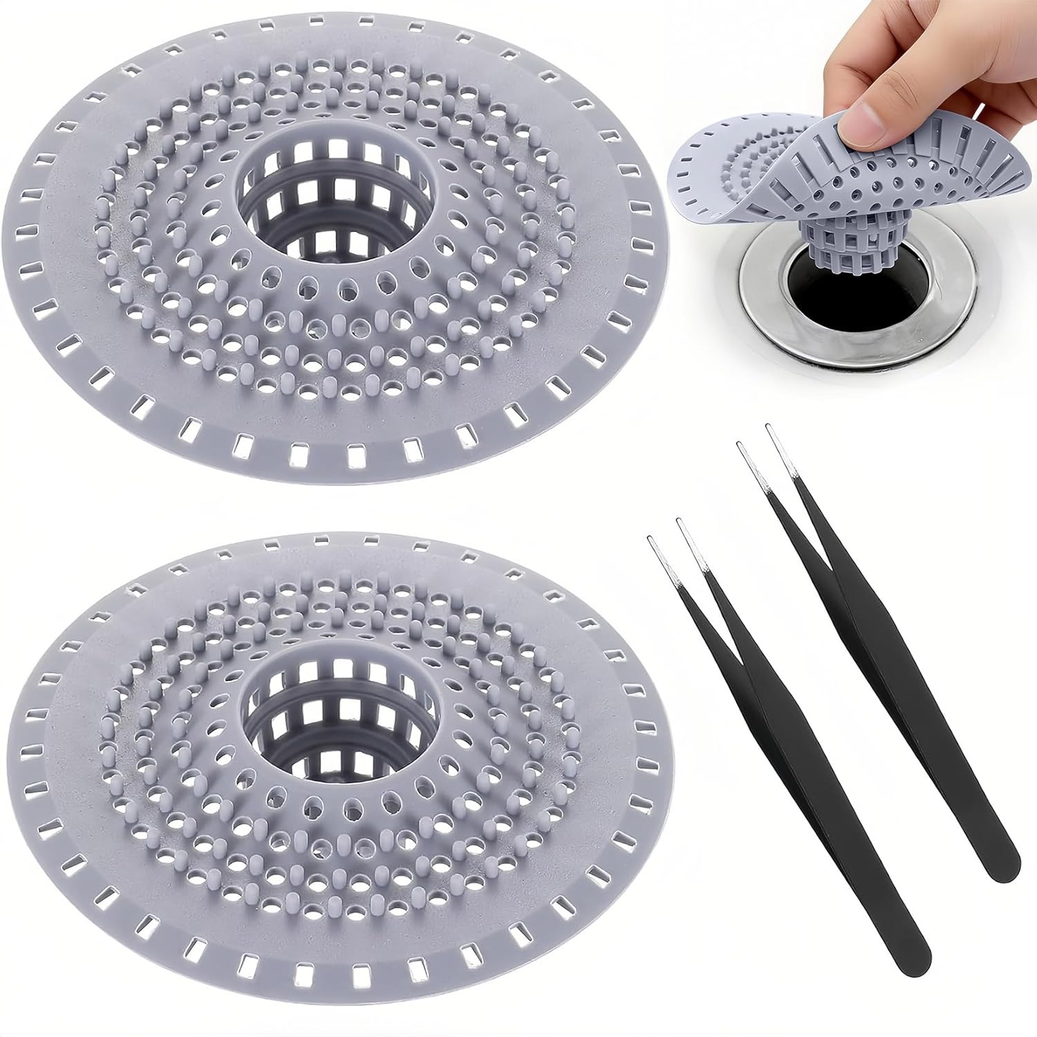 Silicone Basin Hair Catcher, 2 Pack with Tweezers