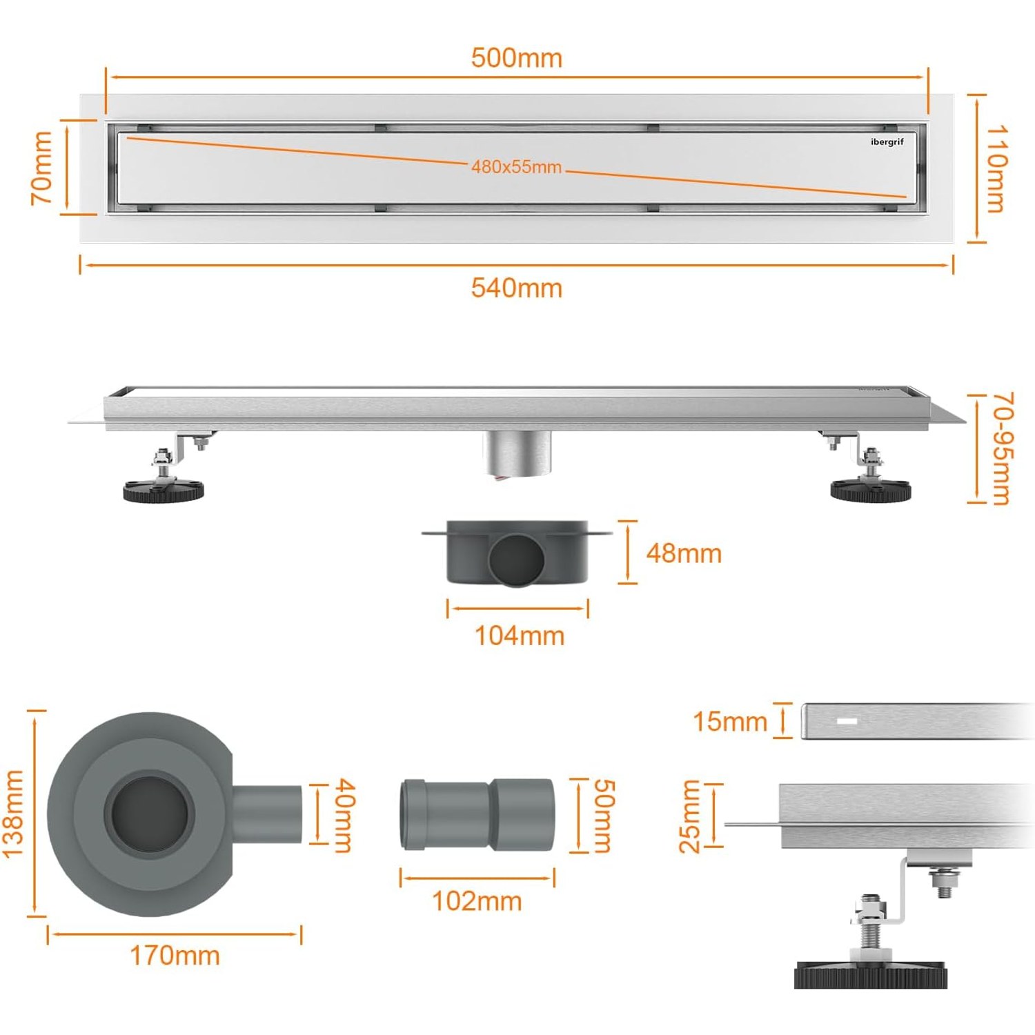 Linear Shower Drain 500mm in Stainless Steel: image 2