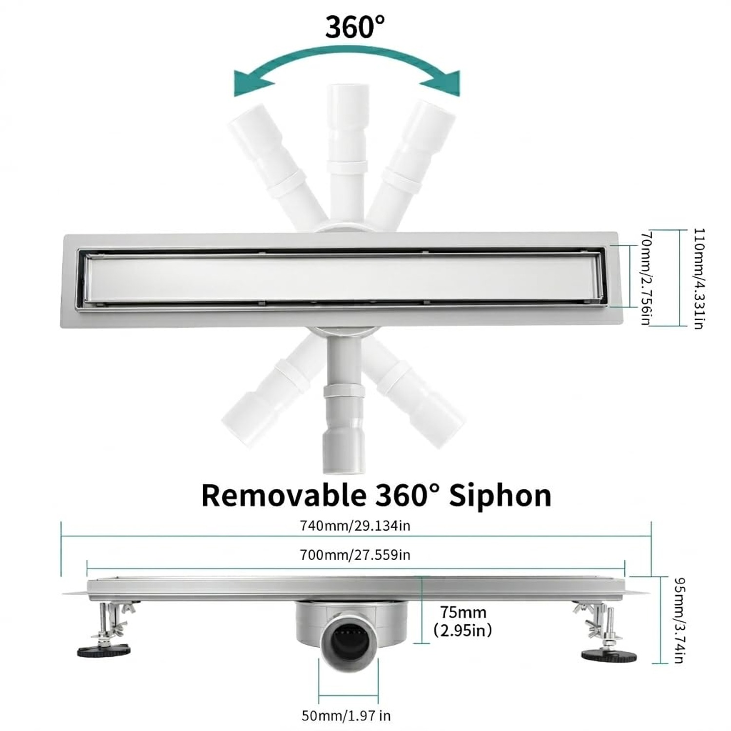 Tile Insert Linear Shower Drain 600mm with Rotating Trap