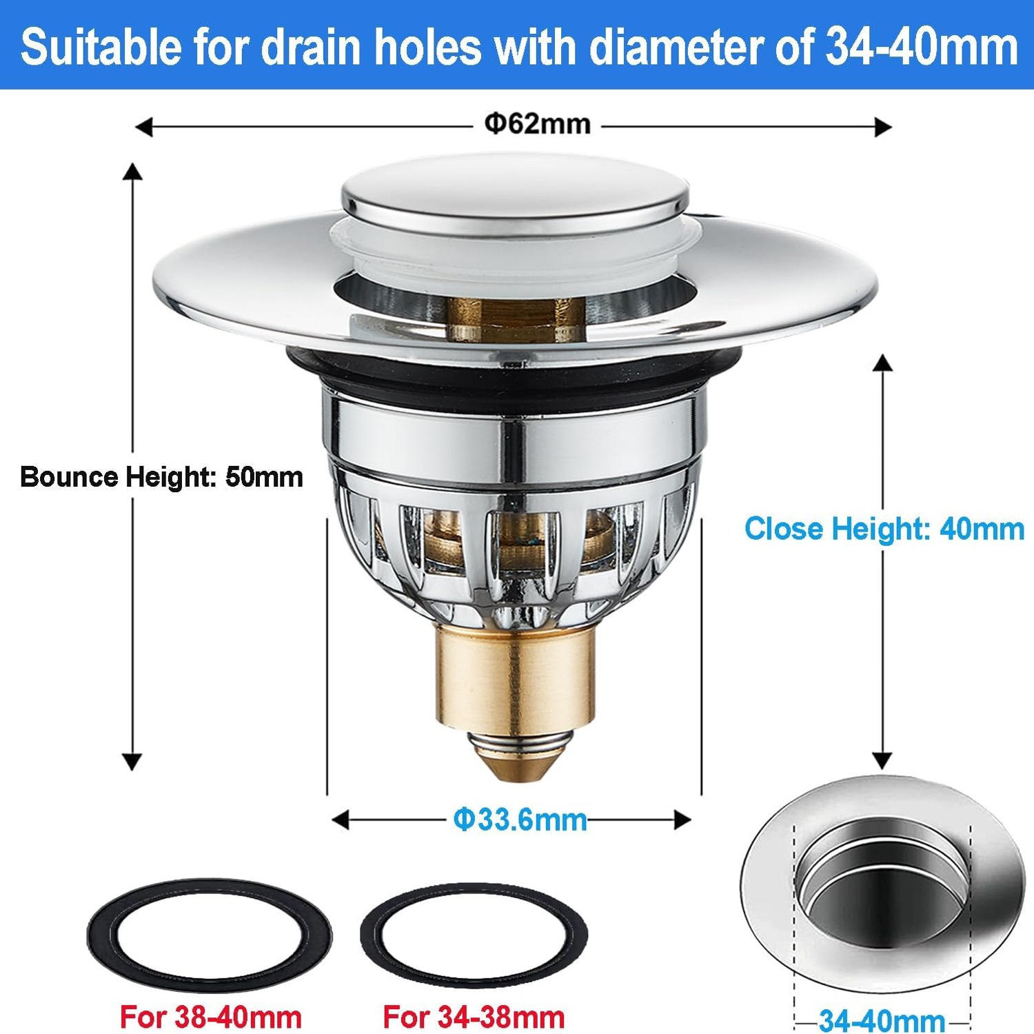 Stainless Steel Basin Pop Up Plug with Filter Basket (34 to 40mm)